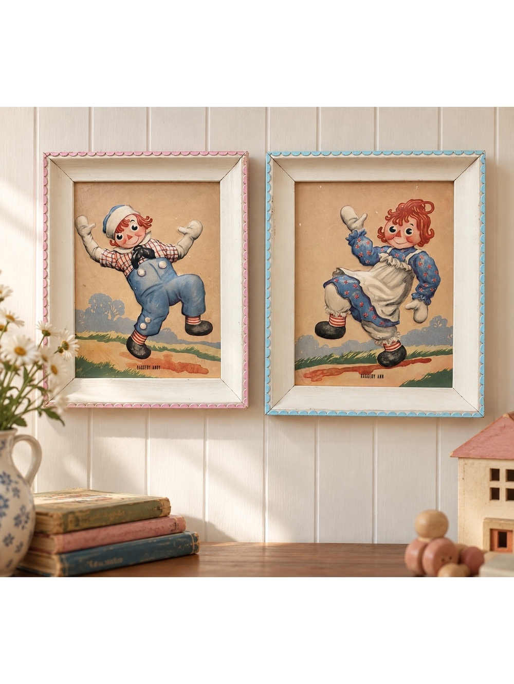 Vintage Raggedy Ann & Andy Framed Prints Set 9.5x7.5 Nursery Decor George Newell